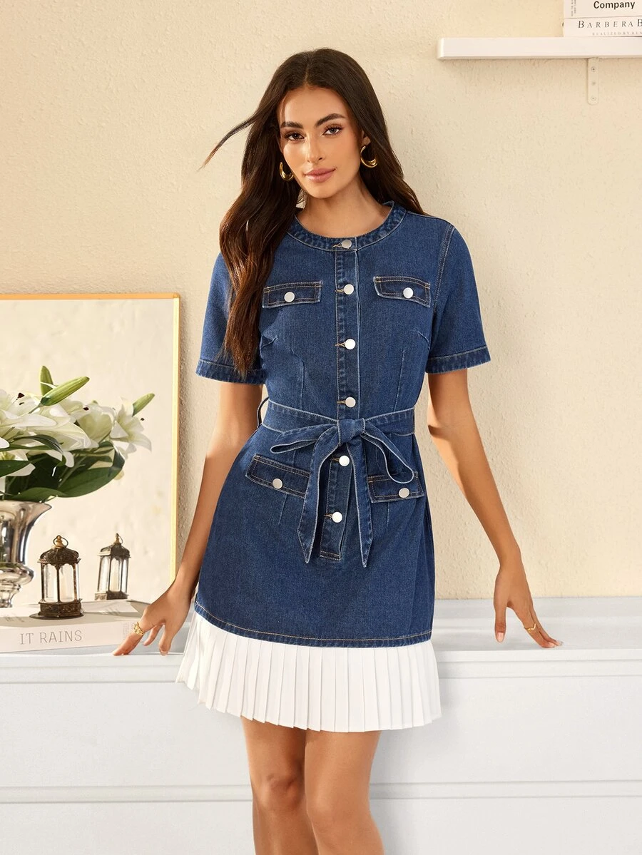 Selenza Summer Elegant Casual Business Straight Leg Button Up Blue Going Out Daily Wear Denim Dress For Women - Dark Wash - View 1