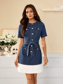 Selenza Summer Elegant Casual Business Straight Leg Button Up Blue Going Out Daily Wear Denim Dress For Women - Dark Wash - View 7