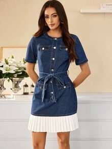 Selenza Summer Elegant Casual Business Straight Leg Button Up Blue Going Out Daily Wear Denim Dress For Women - Dark Wash - View 4