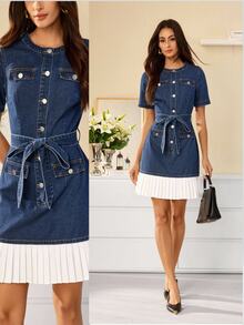 Selenza Summer Elegant Casual Business Straight Leg Button Up Blue Going Out Daily Wear Denim Dress For Women - Dark Wash - View 3