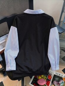 INAWLY Plus Size Autumn Casual Striped Patchwork Sweatshirt - Black - View 2