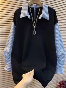 INAWLY Plus Size Autumn Casual Striped Patchwork Sweatshirt - Black - View 3