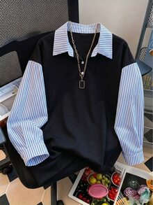 INAWLY Plus Size Autumn Casual Striped Patchwork Sweatshirt - Black - View 1