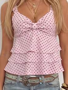 Sundraya Pink And Black Polka Dot Sweet Cute Y2k Camisole Top For Women Going Out Summer - Pink - View 3