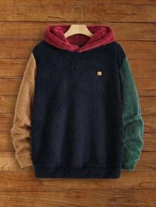 Mainfolk Men's Plush Patchwork Hooded Sweatshirt, Couple Things, Long Sleeve Top, Vintage Y2K Baggy Streetwear, For Vacation, Father's Day Gifts, Football, Fall Winter, Holiday - Multicolor - View 4