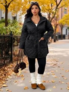 SHEIN EZwear 大尺碼時尚拉鍊雙口袋長袖連帽厚外套 冬季黑色 - 黑色 - 查看 5
