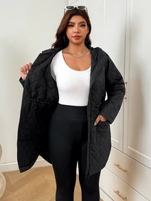 SHEIN EZwear 大尺碼時尚拉鍊雙口袋長袖連帽厚外套 冬季黑色 - 黑色 - 查看 8