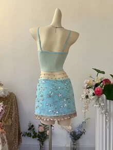 Sundraya Vacation Beach Going Out Party Sequin Embroidered Camisole Skirt Set Light Blue Summer Sexy Fairycore - Baby Blue - View 9