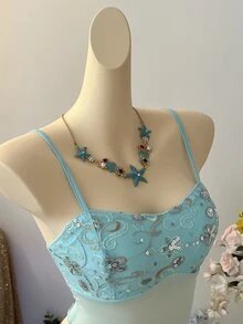Sundraya Vacation Beach Going Out Party Sequin Embroidered Camisole Skirt Set Light Blue Summer Sexy Fairycore - Baby Blue - View 7