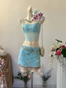 Sundraya Vacation Beach Going Out Party Sequin Embroidered Camisole Skirt Set Light Blue Summer Sexy Fairycore - Baby Blue - View 6