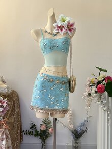 Sundraya Vacation Beach Going Out Party Sequin Embroidered Camisole Skirt Set Light Blue Summer Sexy Fairycore - Baby Blue - View 4
