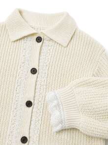 LUMIGAL Autumn/Winter New Sweet Lace Trim Loose Solid Color Versatile Knit Cardigan - Apricot - View 3