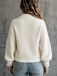 LUMIGAL Autumn/Winter New Sweet Lace Trim Loose Solid Color Versatile Knit Cardigan - Apricot - View 2