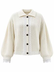 LUMIGAL Autumn/Winter New Sweet Lace Trim Loose Solid Color Versatile Knit Cardigan - Apricot - View 4