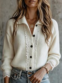 LUMIGAL Autumn/Winter New Sweet Lace Trim Loose Solid Color Versatile Knit Cardigan - Apricot - View 1
