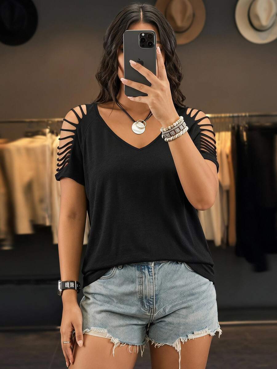 SHEIN VCAY Plus Cut Out Raglan Sleeve Tee - Black - View 1