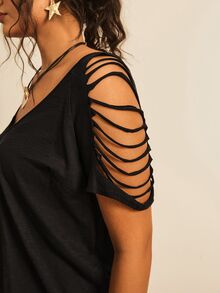 SHEIN VCAY Plus Cut Out Raglan Sleeve Tee - Black - View 5