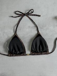 Swim Vcay 女士泳衣上装，热带可爱性感豹纹印花，挂脖系带金属圆环装饰，热销沙滩度假休闲优雅情人节比基尼上装 - 彩色 - 查看 2
