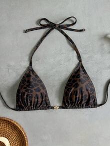 Swim Vcay 女士泳衣上装，热带可爱性感豹纹印花，挂脖系带金属圆环装饰，热销沙滩度假休闲优雅情人节比基尼上装 - 彩色 - 查看 4