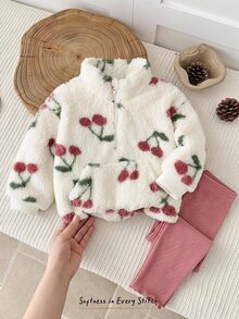 Cozy Pixies 女嬰櫻桃圖案抓絨內裡加厚圓領長袖半拉鍊套頭衛衣與彈性腰部內搭褲 2件套 秋冬款 - 粉色 - 查看 7