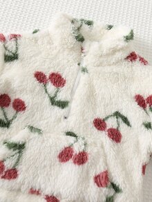 Cozy Pixies 女嬰櫻桃圖案抓絨內裡加厚圓領長袖半拉鍊套頭衛衣與彈性腰部內搭褲 2件套 秋冬款 - 粉色 - 查看 3