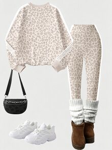 SHEIN Elladie kids Tween女孩淺豹紋白色條紋圓領運動衫與白色條紋淺豹紋數位印花寬腿褲，適合秋冬，柔軟親膚，休閒日常穿著，冬季女孩系列 - 彩色 - 查看 2
