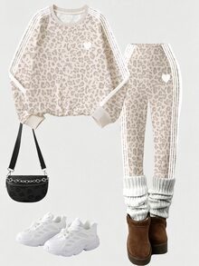 SHEIN Elladie kids Tween女孩淺豹紋白色條紋圓領運動衫與白色條紋淺豹紋數位印花寬腿褲，適合秋冬，柔軟親膚，休閒日常穿著，冬季女孩系列 - 彩色 - 查看 6