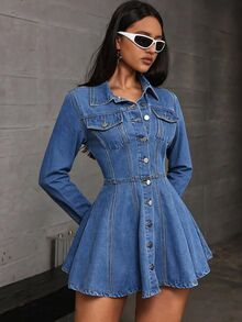 Rivivi Flap Detail Button Front Denim Dress - Blue - View 1