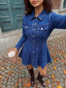 Rivivi Flap Detail Button Front Denim Dress - Blue - View 6
