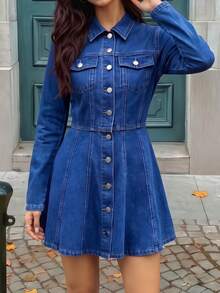 Rivivi Flap Detail Button Front Denim Dress - Blue - View 7