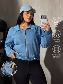 Flexra Fall Casual Street Sports Loose Cropped Zip Up Elastic Waist Light Blue Going Out Gym Denim Jacket For Women - Medium Wash - View 4