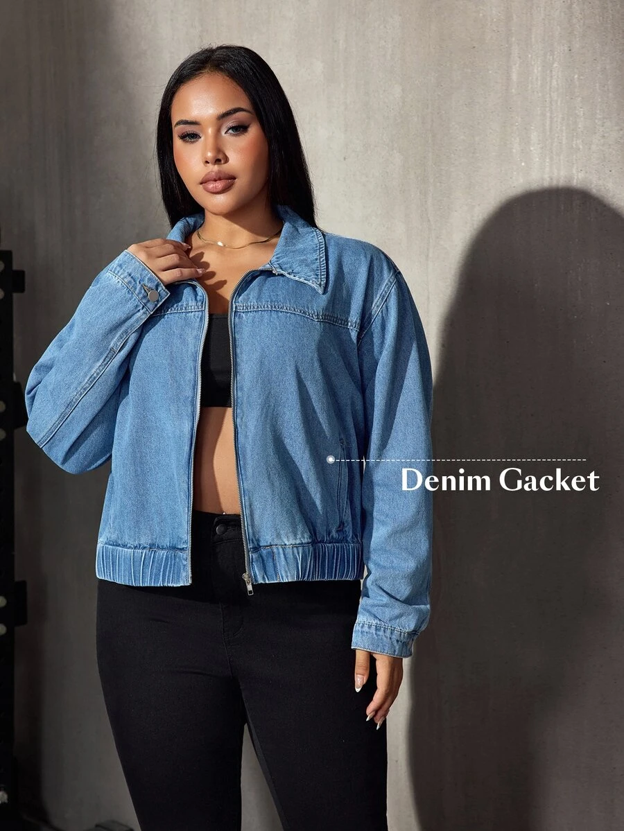 Flexra Fall Casual Street Sports Loose Cropped Zip Up Elastic Waist Light Blue Going Out Gym Denim Jacket For Women - Medium Wash - View 1
