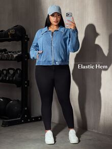 Flexra Fall Casual Street Sports Loose Cropped Zip Up Elastic Waist Light Blue Going Out Gym Denim Jacket For Women - Medium Wash - View 3