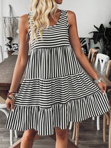 Breezaya Women Casual Striped Sleeveless Mini Dress, Simple & Suitable For Holiday - Black and White - View 3