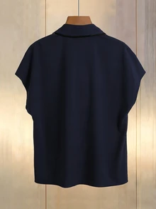 Franclia 百搭休闲蝙蝠袖V领印花围巾系带衬衫，米色，短袖，宽松版型，适合春夏办公室通勤穿着。 - 藏蓝色 - 查看 2