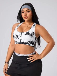 SHEIN Unity حمالة صدر رياضية مطبوعة بطباعة التعتيق للنساء ذوات الحجم الكبير مع سحاب أمامي - أبيض وأسود - مشاهدة 5