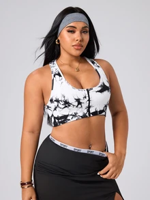 SHEIN Unity حمالة صدر رياضية مطبوعة بطباعة التعتيق للنساء ذوات الحجم الكبير مع سحاب أمامي - أبيض وأسود - مشاهدة 6