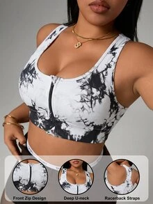 SHEIN Unity حمالة صدر رياضية مطبوعة بطباعة التعتيق للنساء ذوات الحجم الكبير مع سحاب أمامي - أبيض وأسود - مشاهدة 3