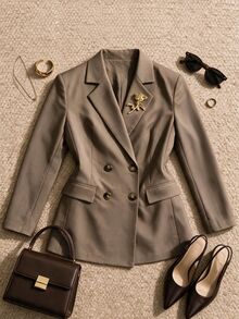 Roveilla Plus Size New Fashion Minimalist Coffee Color Lapel Plaid Patch Pocket Long Sleeve Decorative Accessories Regular Fit Blazer - Apricot - View 6