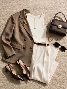 Roveilla Plus Size New Fashion Minimalist Coffee Color Lapel Plaid Patch Pocket Long Sleeve Decorative Accessories Regular Fit Blazer - Apricot - View 7