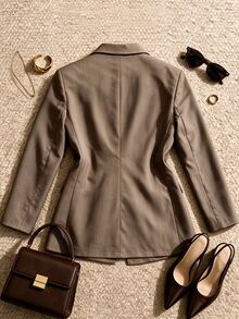 Roveilla Plus Size New Fashion Minimalist Coffee Color Lapel Plaid Patch Pocket Long Sleeve Decorative Accessories Regular Fit Blazer - Apricot - View 2