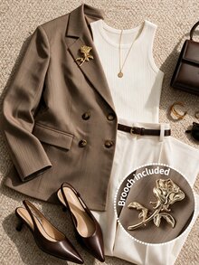 Roveilla Plus Size New Fashion Minimalist Coffee Color Lapel Plaid Patch Pocket Long Sleeve Decorative Accessories Regular Fit Blazer - Apricot - View 1