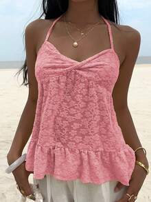 Sunnyshic Solid Color Lace Patchwork Twist Front Camisole Tank Top, Fashionable Summer - Pink - View 7