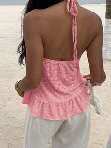 Sunnyshic Solid Color Lace Patchwork Twist Front Camisole Tank Top, Fashionable Summer - Pink - View 2