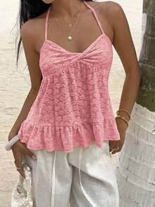 Sunnyshic Solid Color Lace Patchwork Twist Front Camisole Tank Top, Fashionable Summer - Pink - View 3