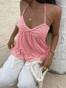 Sunnyshic Solid Color Lace Patchwork Twist Front Camisole Tank Top, Fashionable Summer - Pink - View 4