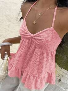 Sunnyshic Solid Color Lace Patchwork Twist Front Camisole Tank Top, Fashionable Summer - Pink - View 5