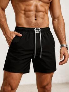 Manfinity KASUA Men's Drawstring Solid Color Patchwork Plant Pattern Pocket Beach Pants - Black - View 3