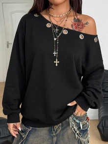 Coolane 女款秋冬休閒萬聖節哥德龐克復古Y2K街頭風黑色大廓型露肩抽繩孔眼衛衣上衣秋季穿搭 - 黑色 - 查看 5