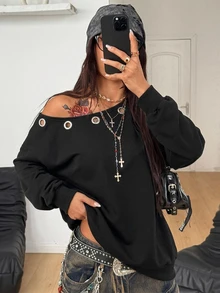 Coolane 女款秋冬休閒萬聖節哥德龐克復古Y2K街頭風黑色大廓型露肩抽繩孔眼衛衣上衣秋季穿搭 - 黑色 - 查看 4